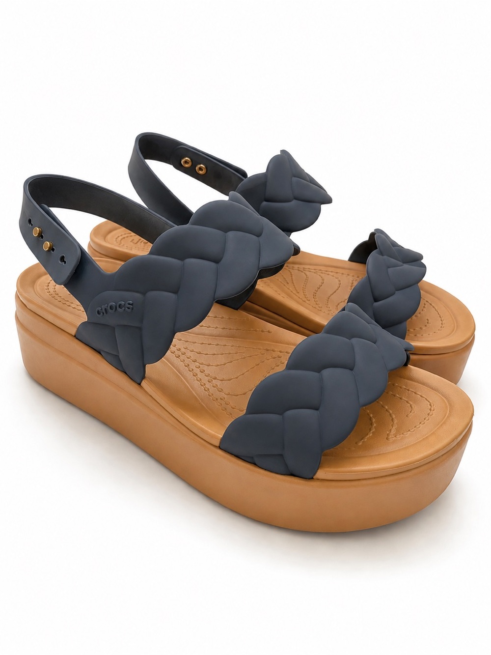 Crocs Women’s 10 Platform Wedge Sandals Navy Braided Strappy Tan